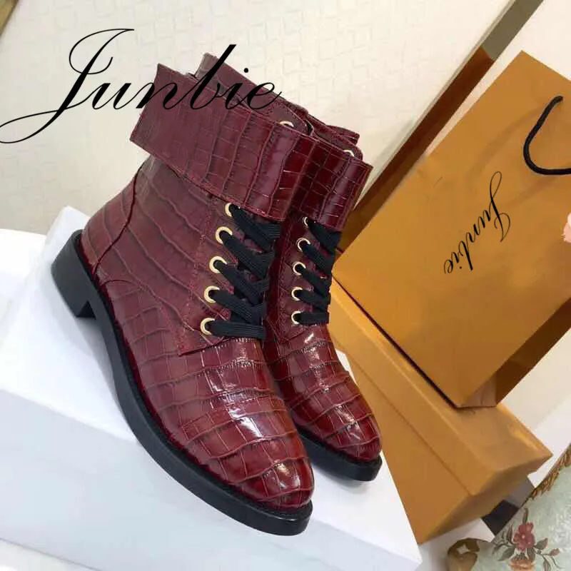 

JUNBIE Quality New Genuine Leather Round Toe Low Heel Women Boots Gladiator Lace Up Women Boots Winter Ankle Boots