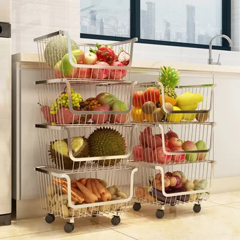 

304 Stainless Steel Kitchen Rack Landing Multi-storey Household Goods Storage Basket Fruit and Vegetable Shelf with Wheel