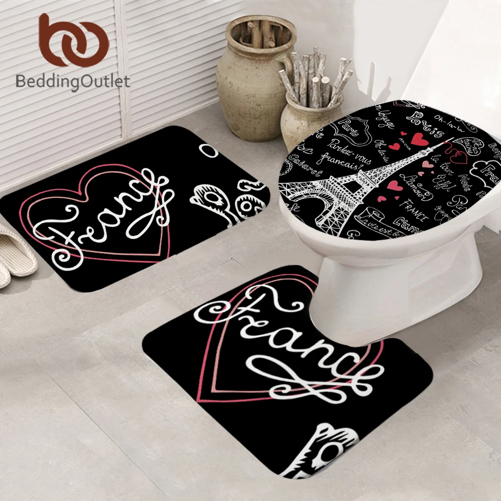 

BeddingOutlet France Paris Tower Bathroom Mat Non-slip Letters Print 3-Piece Mat Set Black and White Toilet Cover Carpet 50x80cm