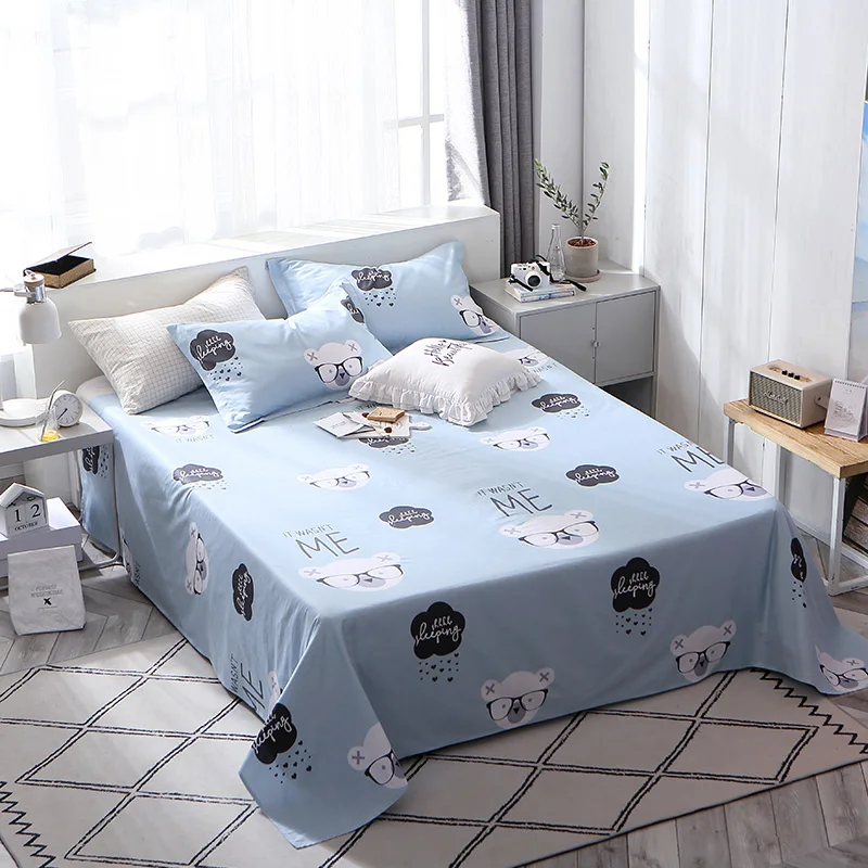 cheap White Cartoon Bear Pattern Bed Sheet 100% Cotton Mattress Protector Cover Flat Sheet 3Pcs Soft Bedclothes Full Queen King Size