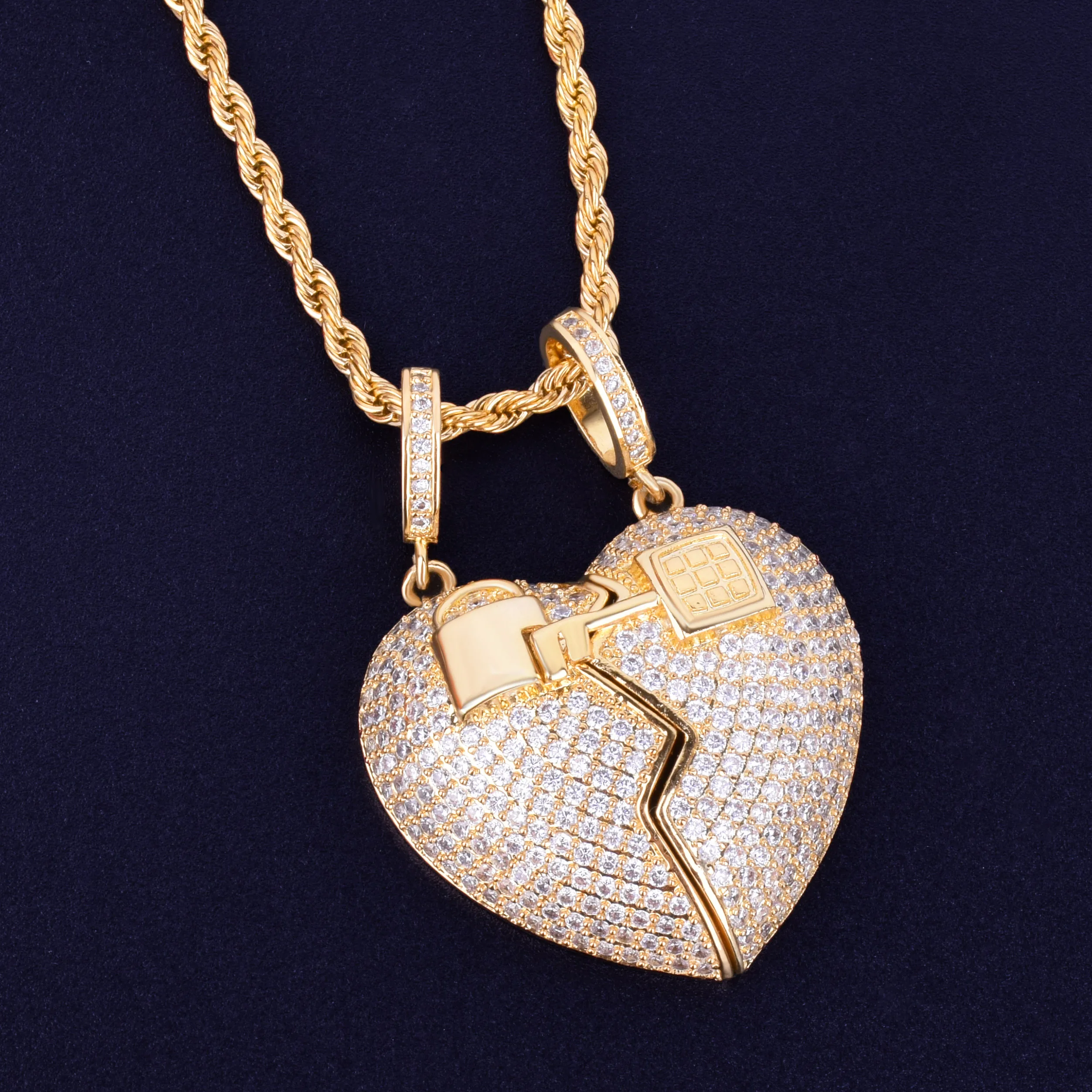 Пара ключей сердце кулон ожерелье теннисная цепь золото серебро AAA кубический цирконий мужские Хип Хоп рок ювелирные изделия 5x3,5 см