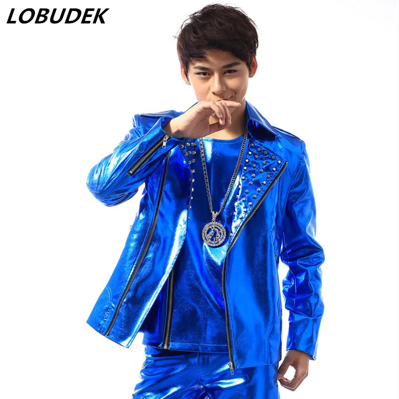 (재킷 + 바지 + 조끼) 남자 블루 리벳 정장 댄서 가수 드레스 성능 쇼 나이트 클럽 의류 바지 야외 착용 바 파티