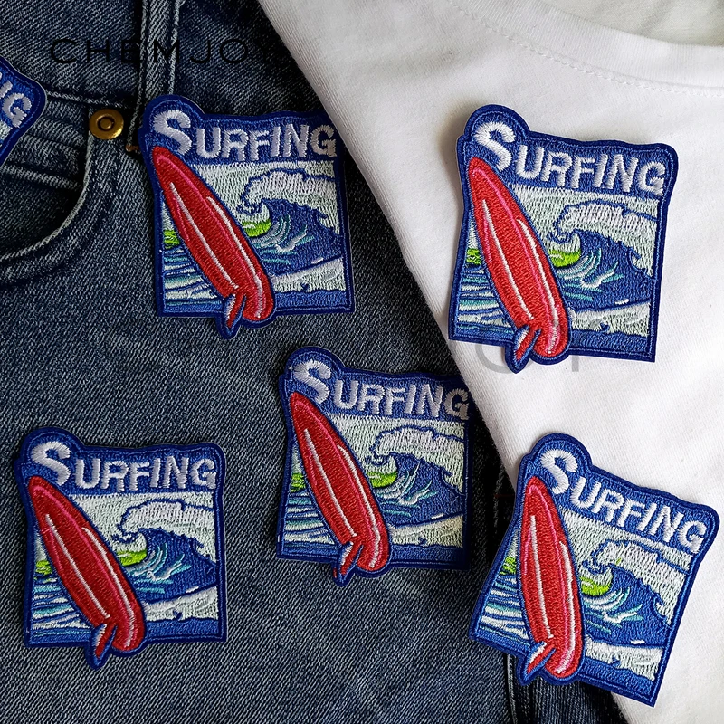 Крутая вышитая нашивка для футболок, серфинга океанских волн, милая синяя аппликация, железная одежда для хиппи, наклейки, обувь, рюкзак, значки