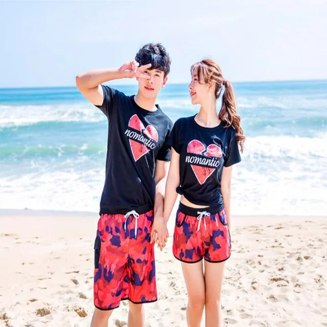Lovers Beach T Shirts Couple Clothes Red Heart Swimwear Beach Wear