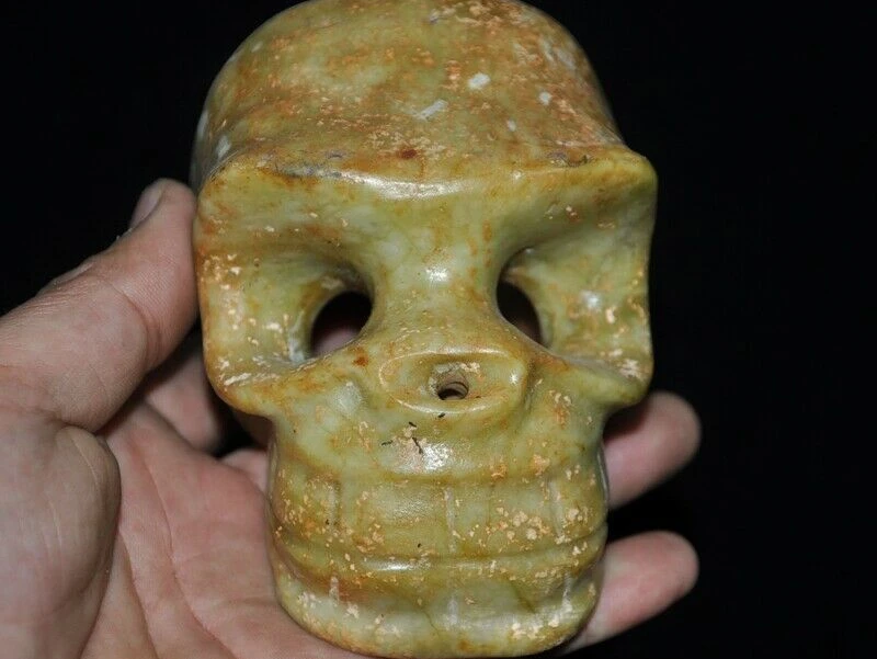 

China Feng Shui Hongshan Culture green Old jade Hand carved Skull Skeleton Head