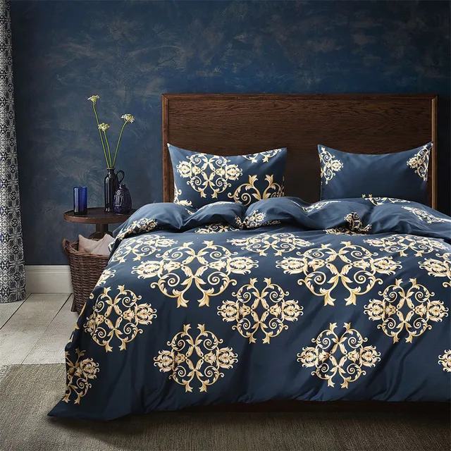 2 3 Pcs Bronzing Luxury Fl Printed Dark Blue Gold Flower Bedding 2 3 Pcs Bronzing Luxury Fl Printed Dark Blue Gold Flower Bedding Set Comforter Cover
