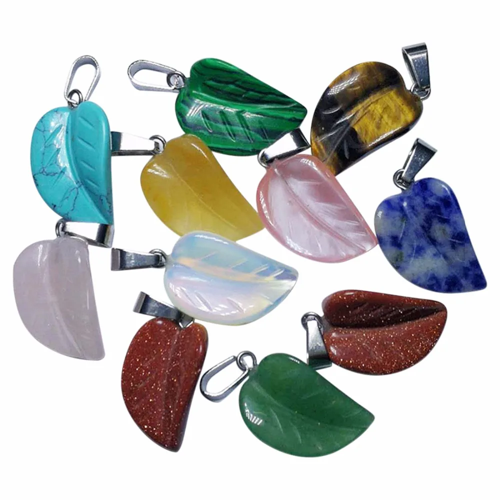

Wholesale 25pcs/lot Stone Carved Leaf Shape Mixed Color Natural Stone Crystal Pendant for Women DIY Jewelry Necklaces Free