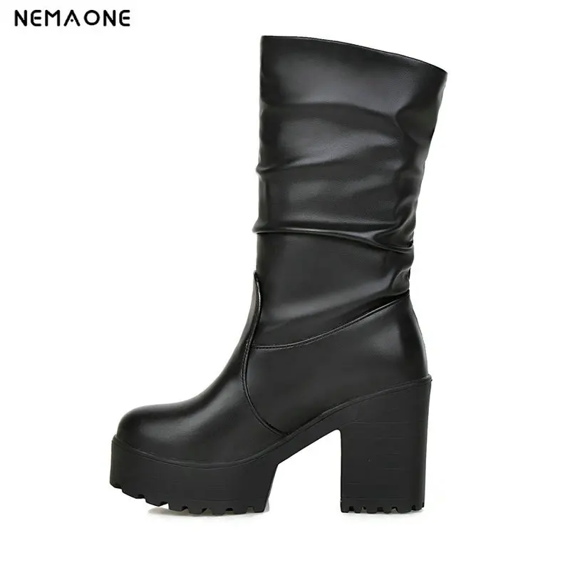 

NEMAONE 2019 new women boots thick high heels snow boots woman winter mid-calf shoes woman large size 41 42 43