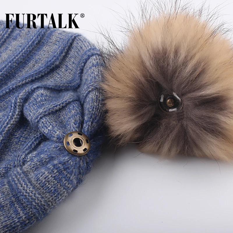 FURTALK зимняя шапка женская из натурального меха енота шерстяные шапки с кроличьим