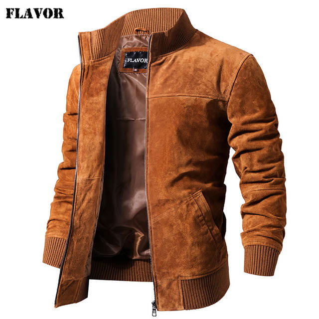 FLAVOR Men’s Real Leather Jacket Men Pigskin Slim Fit Genuine Leather Coat With Rib Cuff Standing Collar