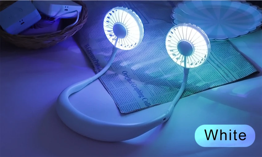 

Neck Hanging USB Mini Fan 2000mAh Portable Hands Free Sports Fan 3 Gears Air Cooler with Optional Night Light
