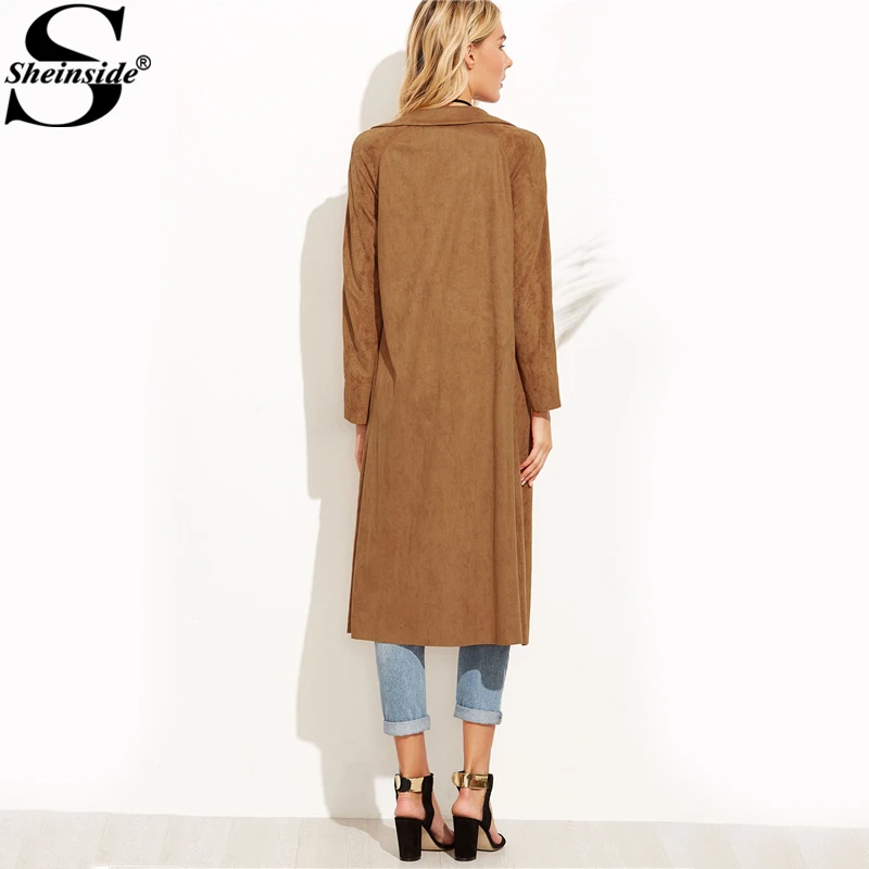 Sheinside коричневый замшевый самозавязывающийся плащ-Тренч с длинным рукавом с длинным наружным поясом женское повседневное осенне-зимнее пальто для работы