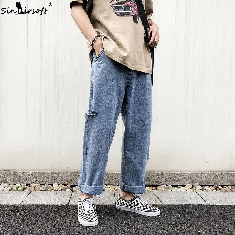 

Denim Casual Soild Wide Leg Pants Men Hip Hop Skateboard Ankle-Length Jeans Male Streetwear Side Ripped Hole Summer Trousers