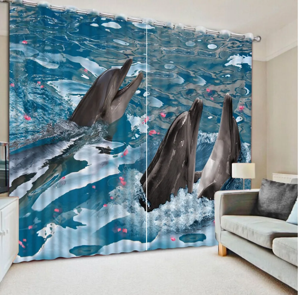 Customized size Luxury Blackout 3D Window Curtains For Living Room ocean dolphin curtains | Дом и сад
