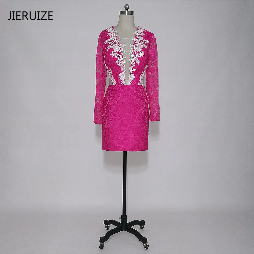 

JIERUIZE Fuchsia Lace Short Prom Dresses 2018 Long Sleeves Sheer Back Short Party Dresses Short Cocktail Dresses