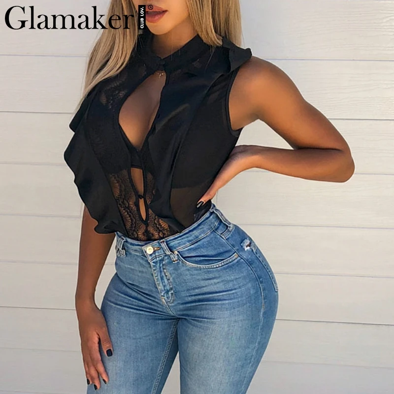 Женское прозрачное Сетчатое боди Glamaker Кружевное с оборками без рукавов на