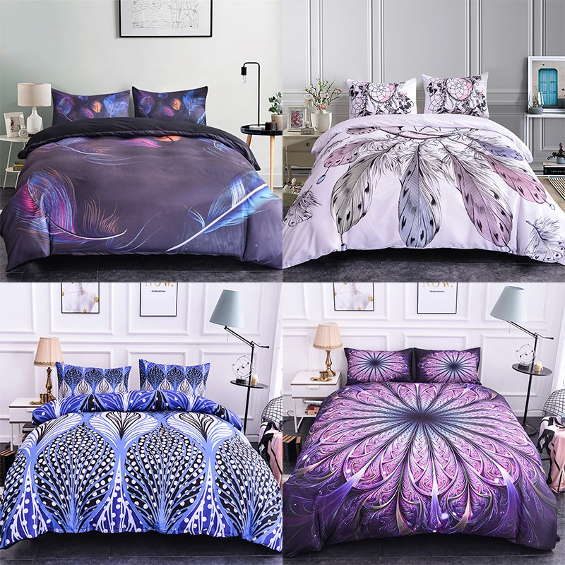 

Boniu 3D Feather Pattern Girls Bedding Sets 2/3pcs Flowers Print King Full Bedclothes Pillowcase Quilt Set