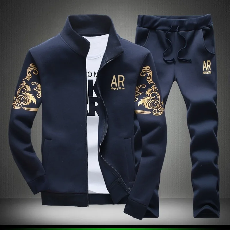 

Mens Tracksuit Hoodie Set Two Pieces Autumn Sporting Track Suit Male Stand Collar Print Sweatshirts 2pcs Jacket+Pants Sportswear
