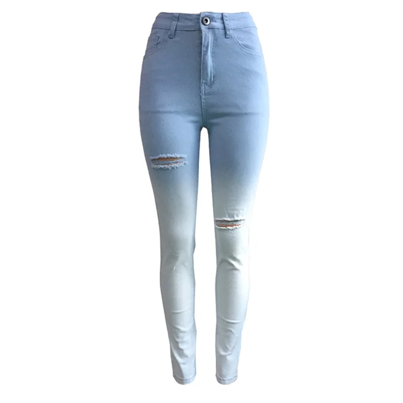Gradient High Waisted Jeans Femme New Casual Skinny Hole Jeans Slim