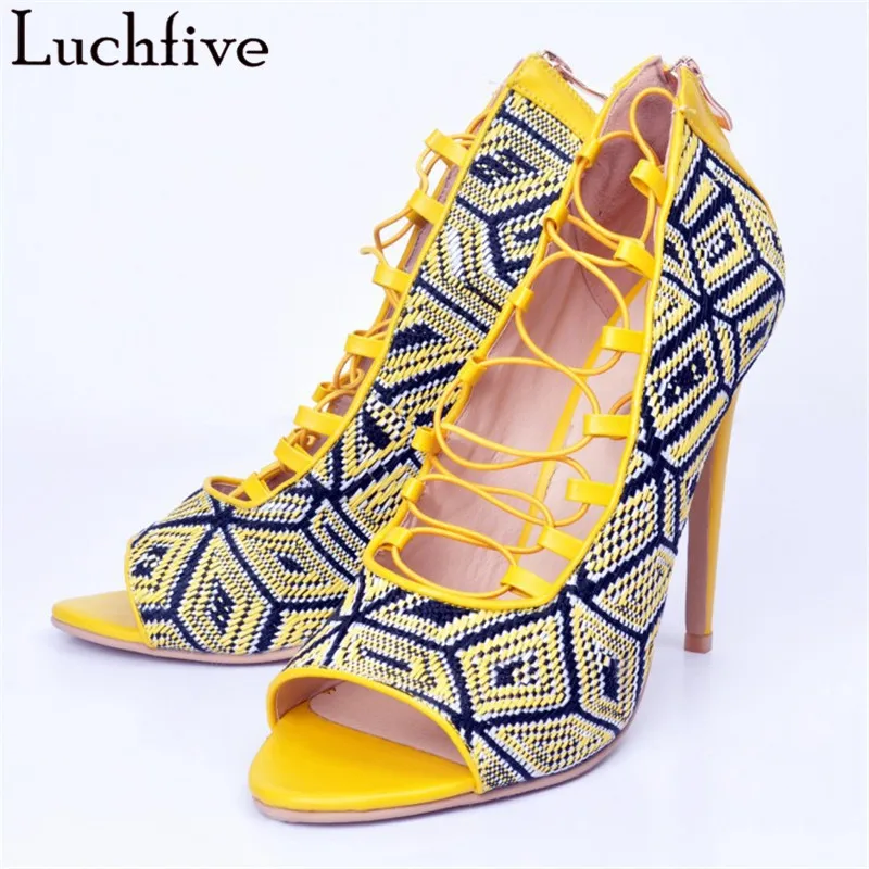 

Retro Embroidery Peep Toe Summer Sandals Cross Tied High Heels Shoes Woman Yellow Zipper Fashion Gladiator Ladies Shoes