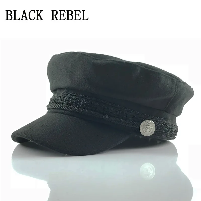 Black Rebel Winter Hats For Women Men Octagonal Cap Wool Button