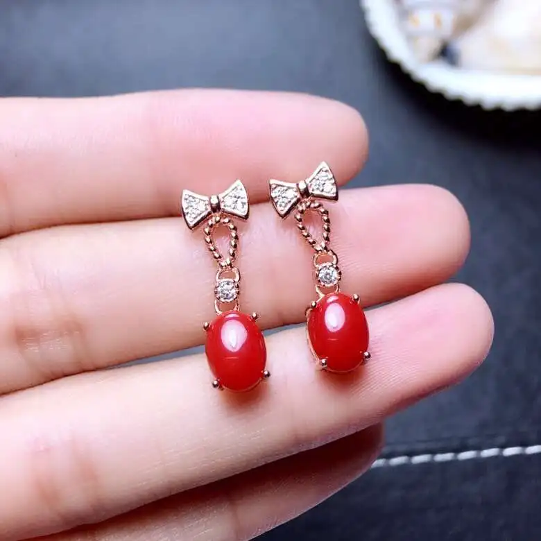 Серьги подвески женские из серебра 925 пробы с натуральным красным