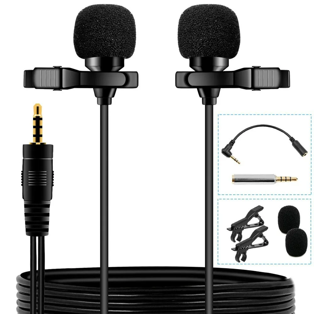 

WRUMAVA 1.5M Dual-head Lavalier Microphone Lapel Clip-on Omnidirectional Condenser Mic for Nikon Canon DSLR iPhone HUAWEI phone