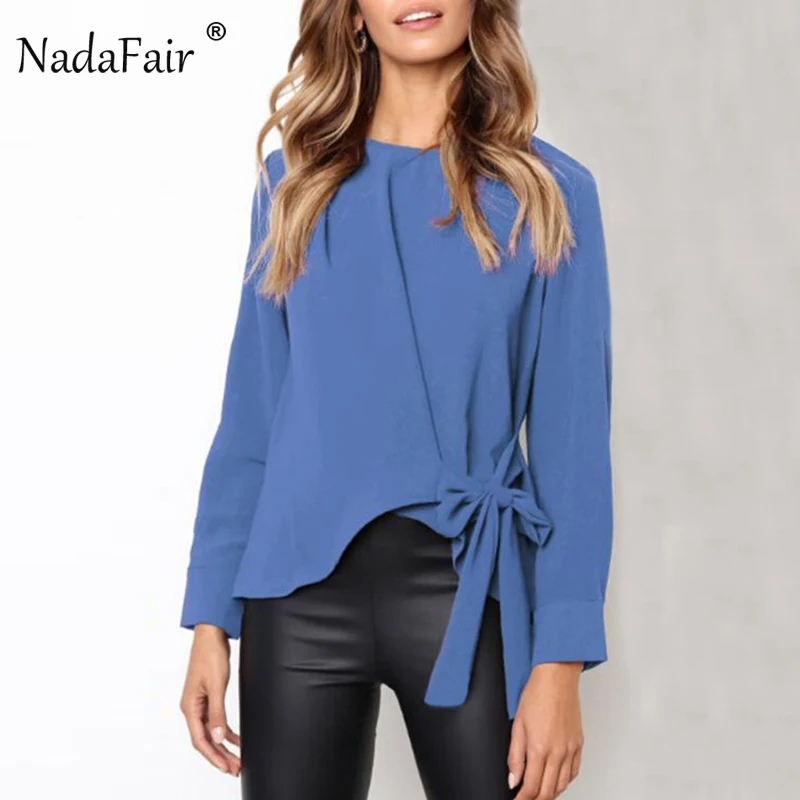 Nadafair повседневные однотонные с круглым вырезом на шнуровке с бантом рубашки женские 2018 осень зима модные топы с длинным рукавом
