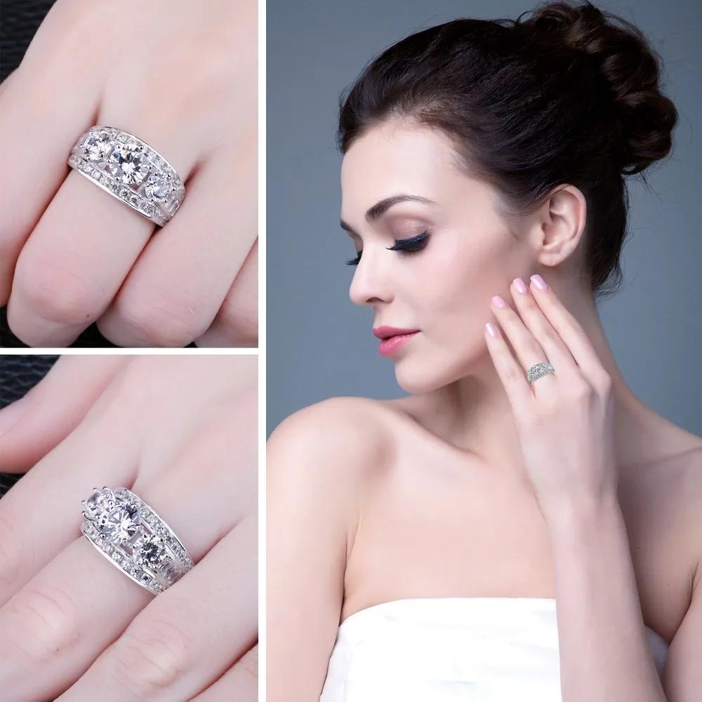 BLUE VOLGA Luxury 3ct Cubic Zirconia Finger Ring 3 Stone 925 Sterling Silver Anniversary Wedding Rings For Women Fine Jewelry Fine Jewelry