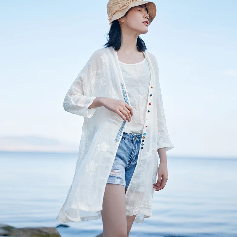 

SCUWLINEN 2019 Spring Women Top Vintage Chinese Style Exquisite Embroidery Patchwork Nine Quarter Sleeve Loose Linen Trench S756
