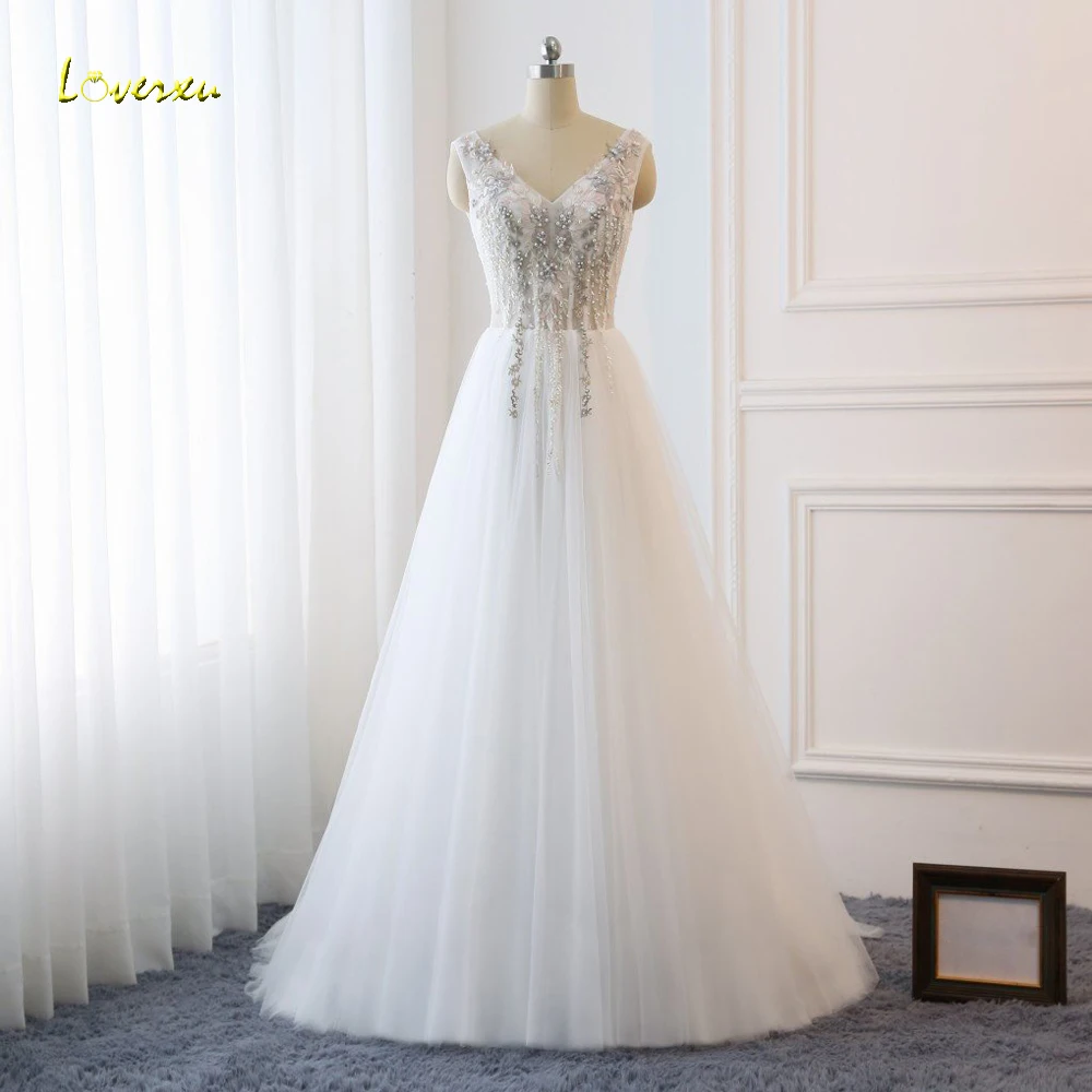 

Loverxu Vestido De Noiva Sexy Illusion Lace Beach Wedding Dresses 2019 V Neck Appliques Beaded Flowers Sweep Train Bridal Gown