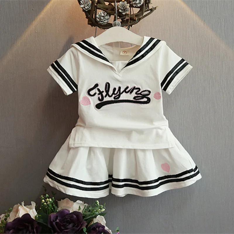 

Children Clothing Baby Girls Clothes Summer Kids Set Navy Sailor Style Pure Cotton White Shirt Girls Skirt Set 2Pcs Summer Set