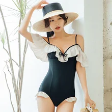 Гофрированный цельный купальный костюм корейский сплошной черный купальный костюм юбка для купания с открытыми плечами купальные костюмы для женщин