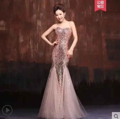 

Full dress spring and autumn new tube top sequins slim fishtail long section banquet toast clothing dress long dress