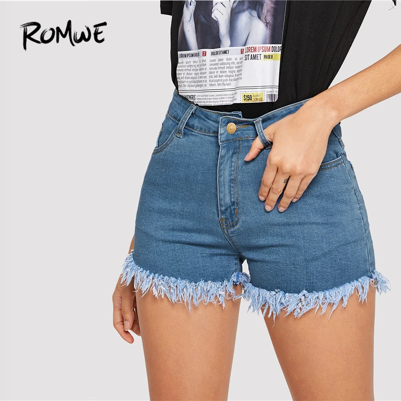ROMWE эластичные необработанный край джинсовые шорты стильные синие Твердые кнопки летают женские шорты Гламурные летние шорты средней талии