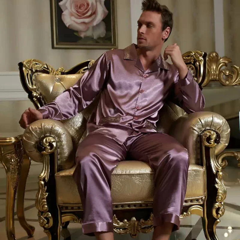 2020 Brand Men Pajamas Sexy Satin Silk Pajama Pants Sets Embroidery Long-Sleeve Pyjama Lounge Sets Casual Sleepwear X1529 2020 Brand Men Pajamas Sexy Satin Silk Pajama Pants Sets Embroidery Long-Sleeve Pyjama Lounge Sets Casual Sleepwear X1529