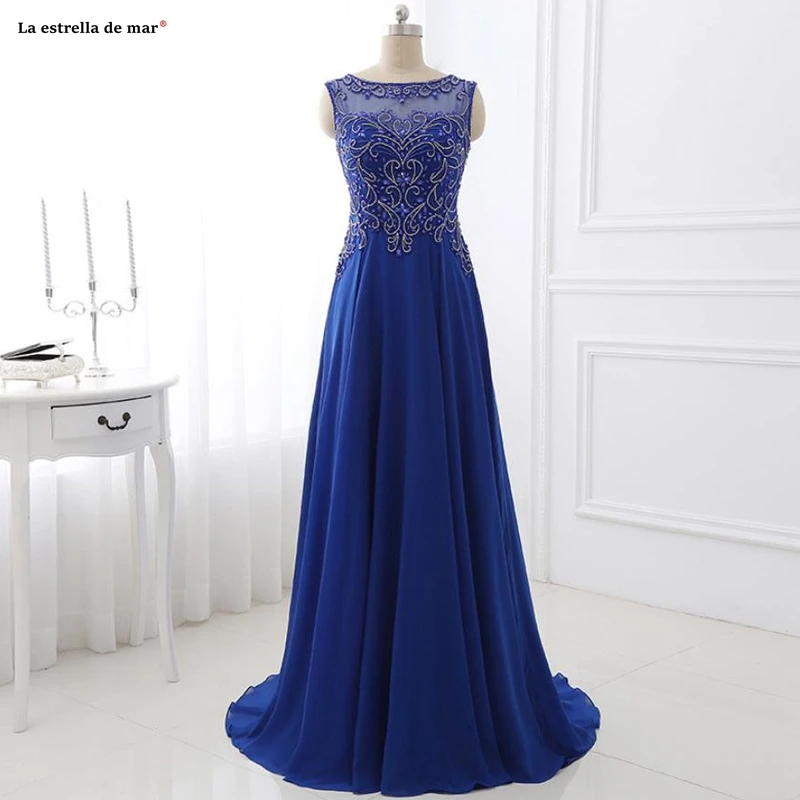 

Vestidos de gala2019 new Scoop neck chiffon crystal halter A Line royal blue prom dresses long gala jurken real photo