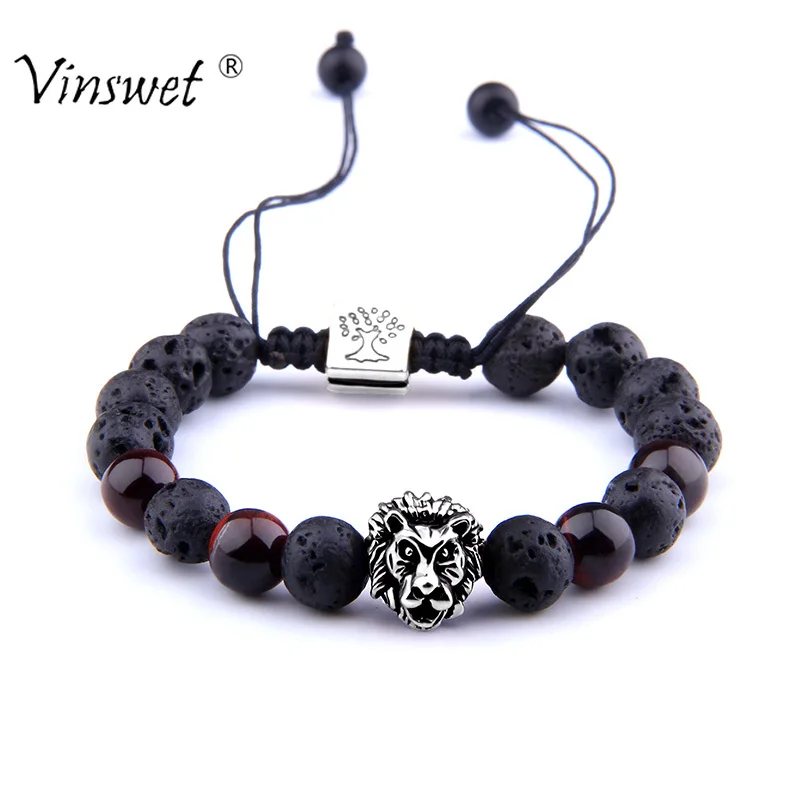 

Lion Head Bracelet Men Fashion Black Lava Tiger Eye Stone Beaded Bracelets for Men Women Adjustable Braided Bracelet Jewelry