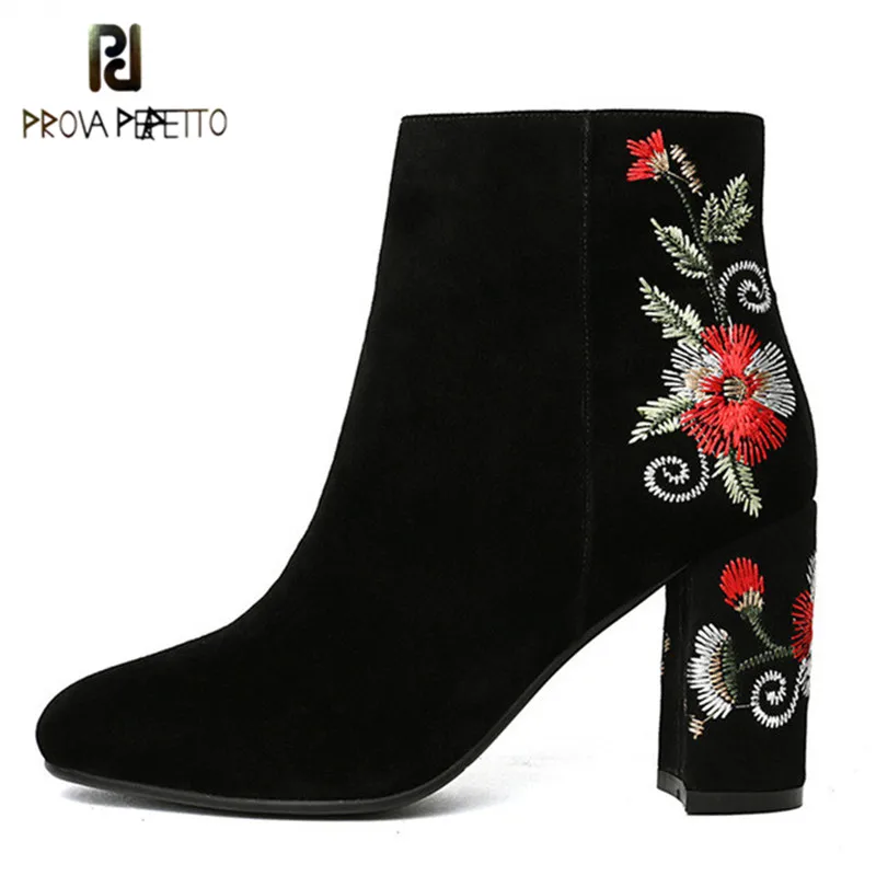 

Prova Perfetto Embroidery Flower Ankle Boots Women Zipper Side Suede Leather Short Botas Mujer Square Toe Chunky High Heel Shoes
