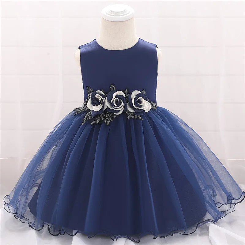 Платья для маленьких девочек с цветочным принтом, милый цветочный 1 года; платье-пачка с бантом, Крещение, день рождения, праздничные Детские платья принцессы для девочек, вечерняя детская одежда L1881XZ - Цвет: navy blue