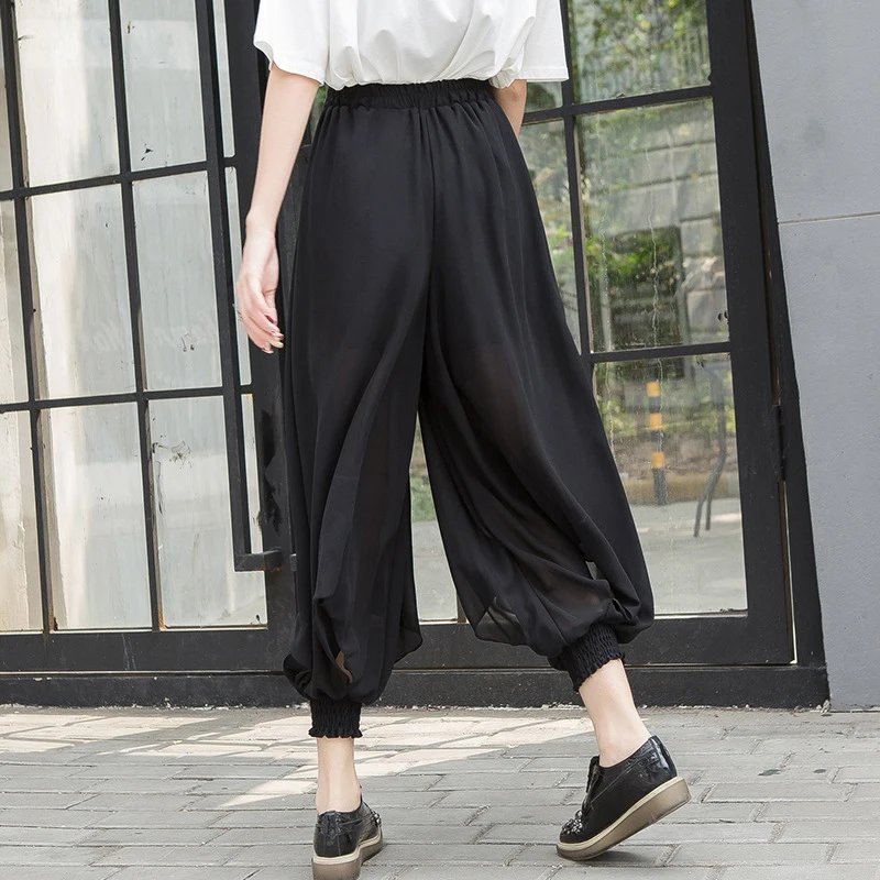 [EAM] Autumn Winter Woman Stylish Black High Waist Elastic Waist Draped Hollow Out Loose Chiffon Wide Leg Pants LE520