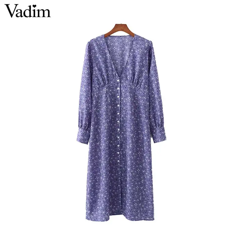 

Vadim women sweet floral print midi dress V neck button design long sleeve split female chic dresses summer vestidos QB911