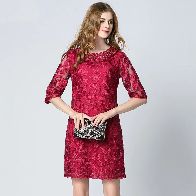 

Summer Plus Size Women Dress Clothing 2017 Fashion Lace Temperament Embroidery Dresses Female L-5XL Wine Red