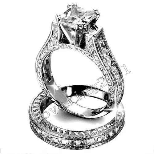 fashion jewelry antique 2ct princess cut 5a zircon stone 14kt white gold filled 2 in 1 engagement wedding ring set size 5 11 - Cheap Wedding Ring Set fashion jewelry antique 2ct princess cut 5a zircon stone 14kt white gold filled 2 in 1 engagement wedding ring set size 5 11 - Cheap Wedding Ring Set