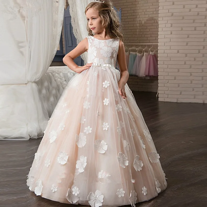 Платья с цветочным узором для девочек, детское представление банкетного платья, расшитые блестками кружевные сетчатые Свадебные платья для первого причастия