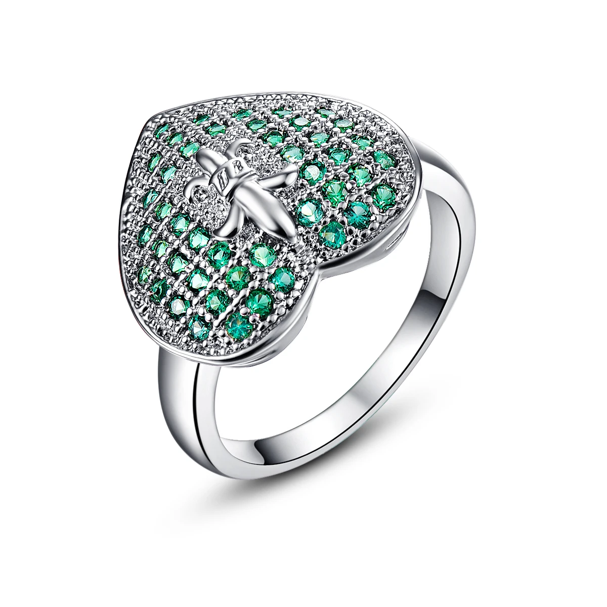 Lingmei Silver Plated font b Ring b font Ocean Hearts Green Created Emerald Crystal Heart Cut
