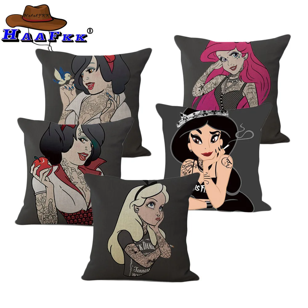 

HAAFKK Cotton Linen Tattoo Princess Girl Printed Decorative Cushion Cover for Home Decor Sofa Seat Living Room Pillow Case