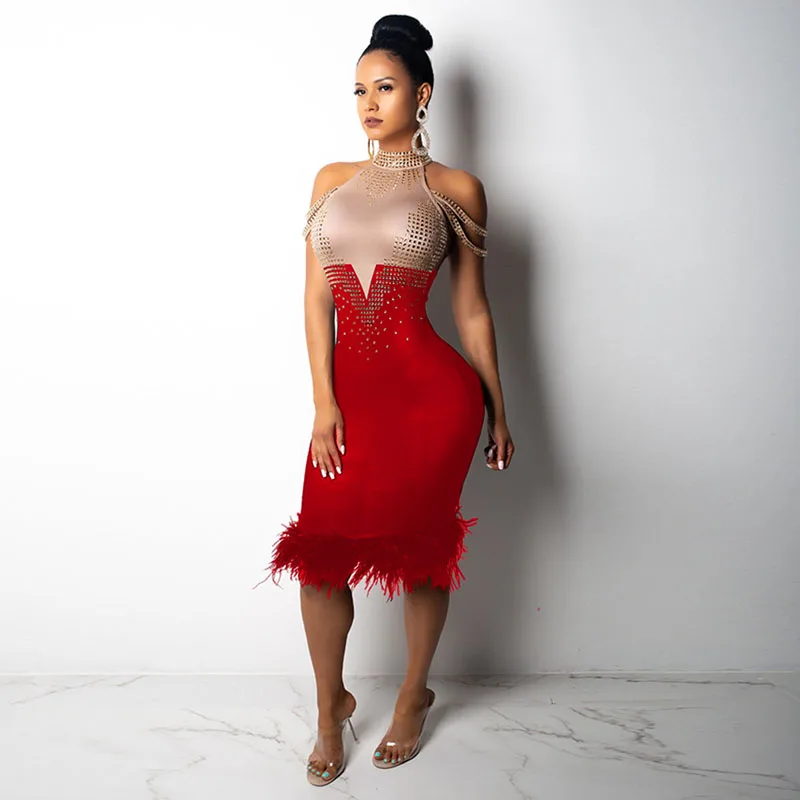 

Women Vintage Patchwork Turtleneck Party Dresses Open Shoulder Bandage Dress 2018 Winter New Fashion Wool Feather Elegant Dress
