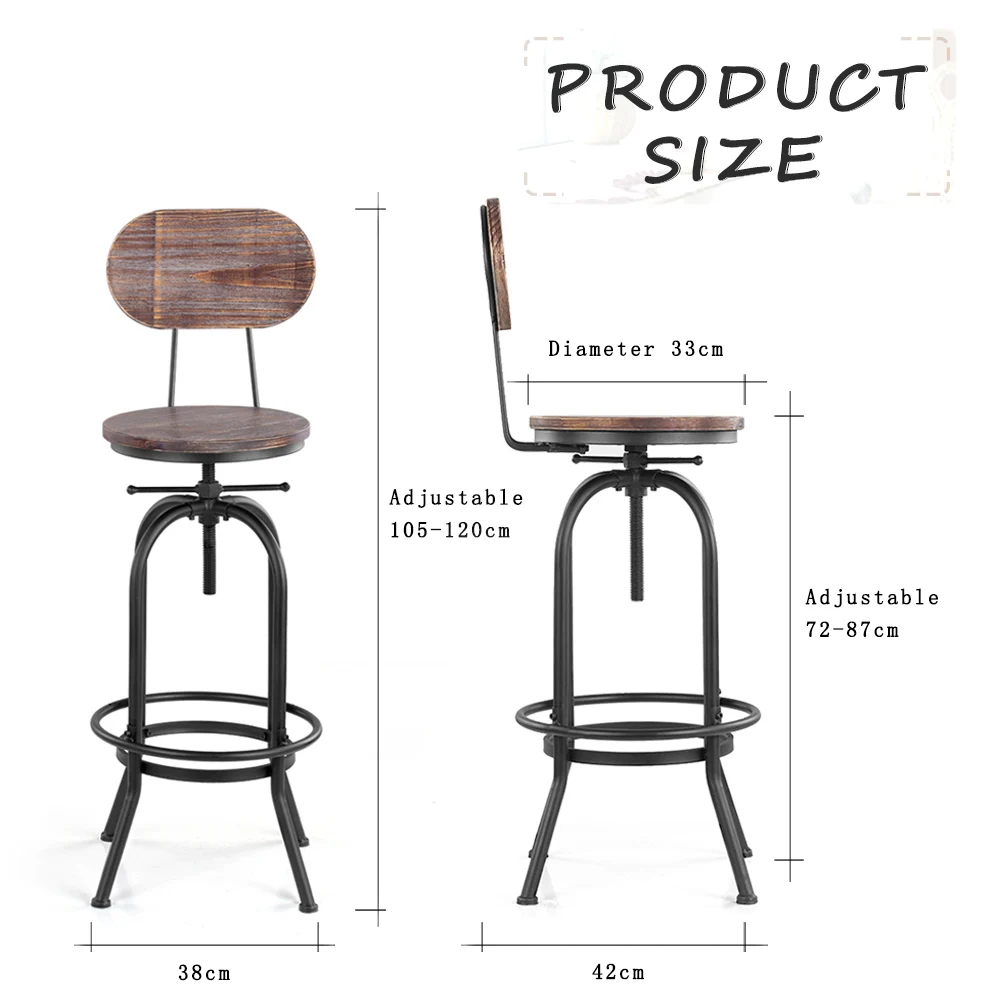 IKayaa промышленных стиль барные стулья Табурет регулируемый по высоте вращающийся Кухня Обеденный Pinewood топ + металл со спинкой
