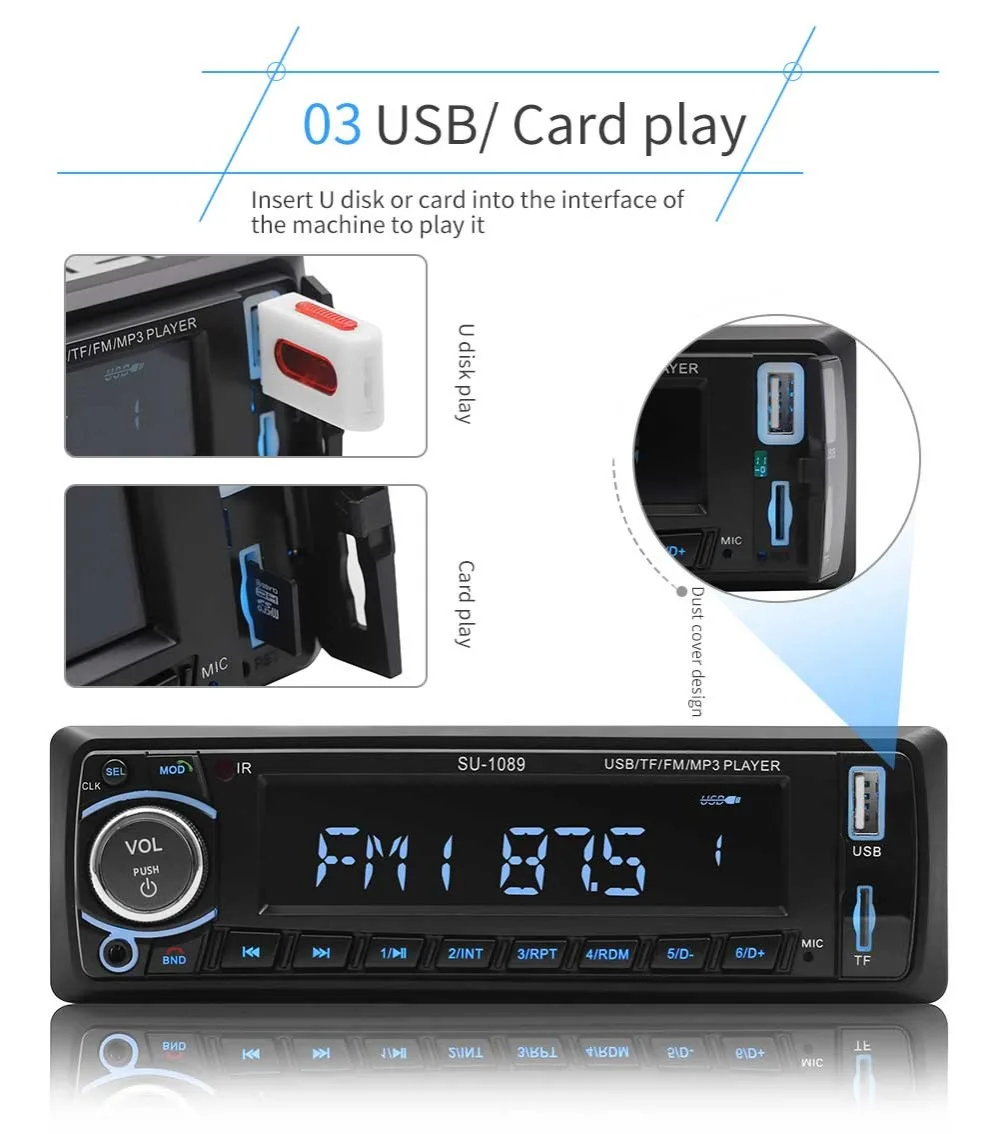 Автомагнитола 1 Din MP3 плеер Стерео Авторадио мультимедийный плеер Bluetooth FM пульт дистанционного управления Handsfree звонки USB SD cardIn-Dash